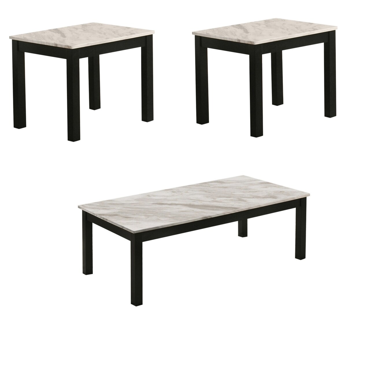Saltoro Sherpi 3 Piece Coffee Table and End Table Set, Faux Marble Surface, Black Legs-
